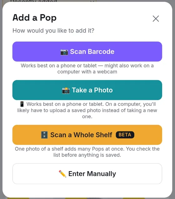 The Add a Pop menu with the Scan a Whole Shelf (beta) button