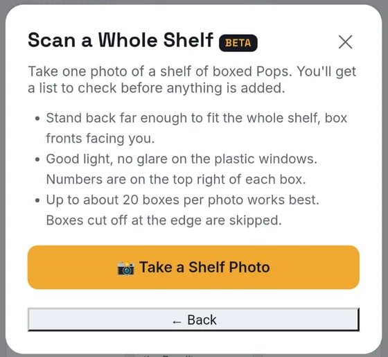 Shelf scan tips: fit the whole shelf, good light, up to about 20 boxes