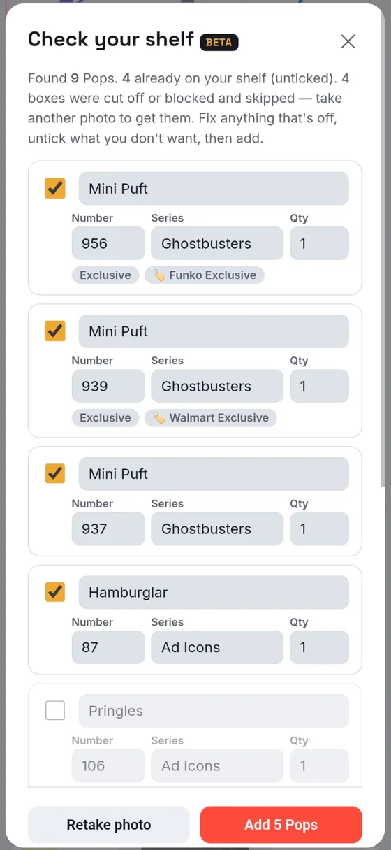 The Check your shelf list with names, numbers, series, quantities and exclusive tags